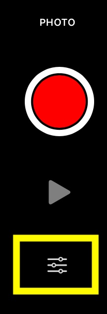 A small screenshot of the camera controls in Stop Motion Studio Pro for iOS, showing the Record button, the (greyed out) Play button and beneath them both, the camera options (highlighted in yellow).