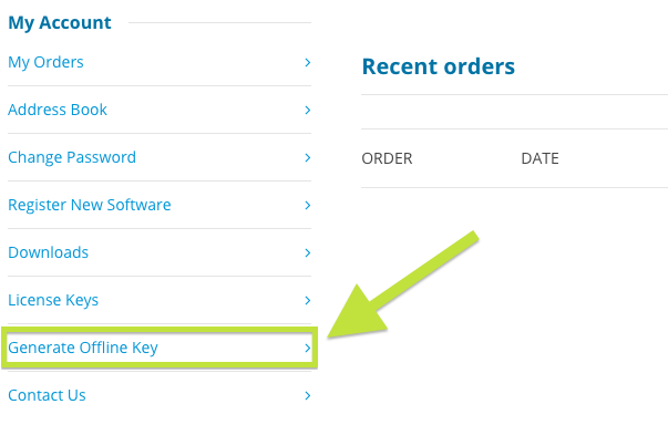 Location of the Generate Offline Key link on the HUE website Account page