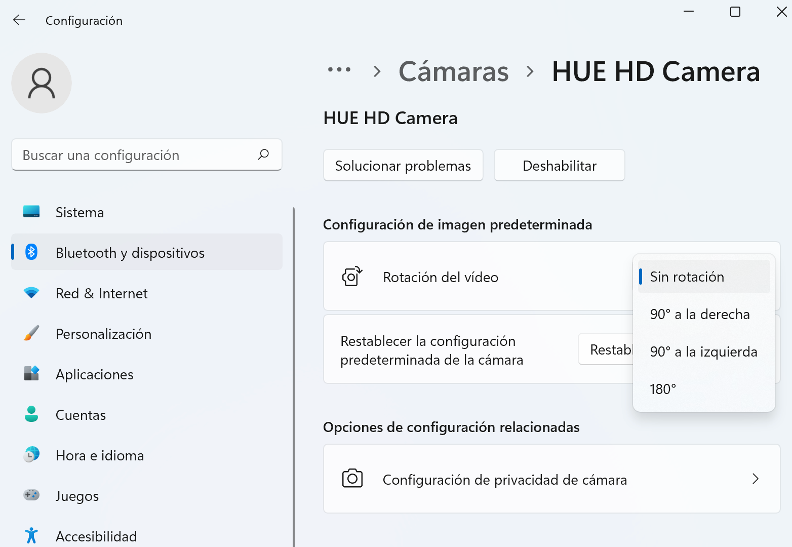 Windows 11 Camera settings (Spanish) with rotation