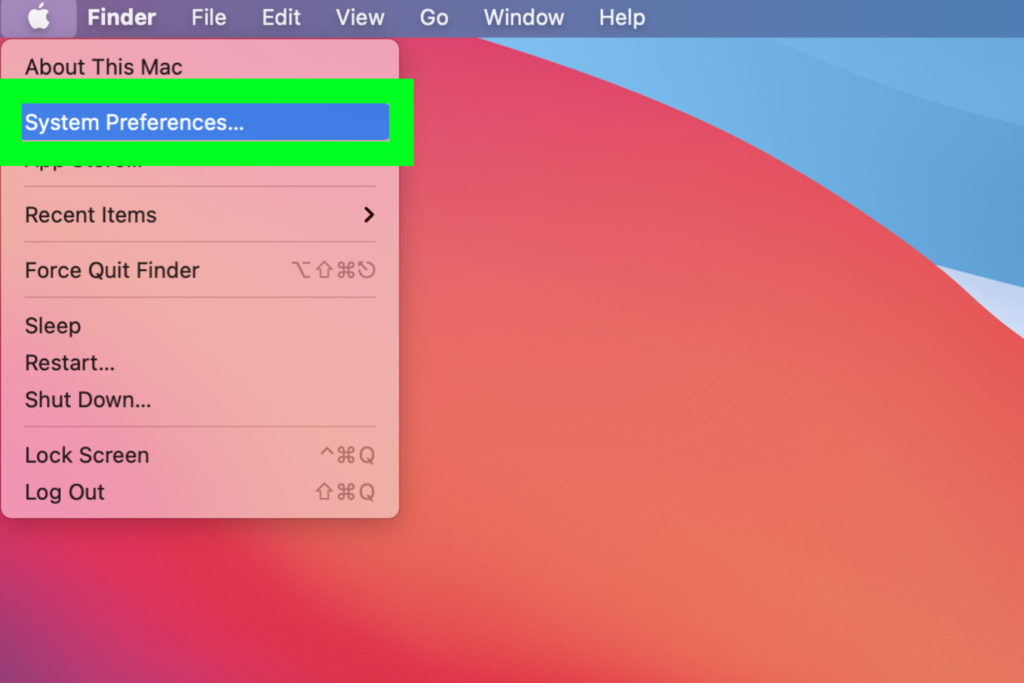 Screenshot of macOS Big Sur Apple Menu with the System Preferences option highlighted.
