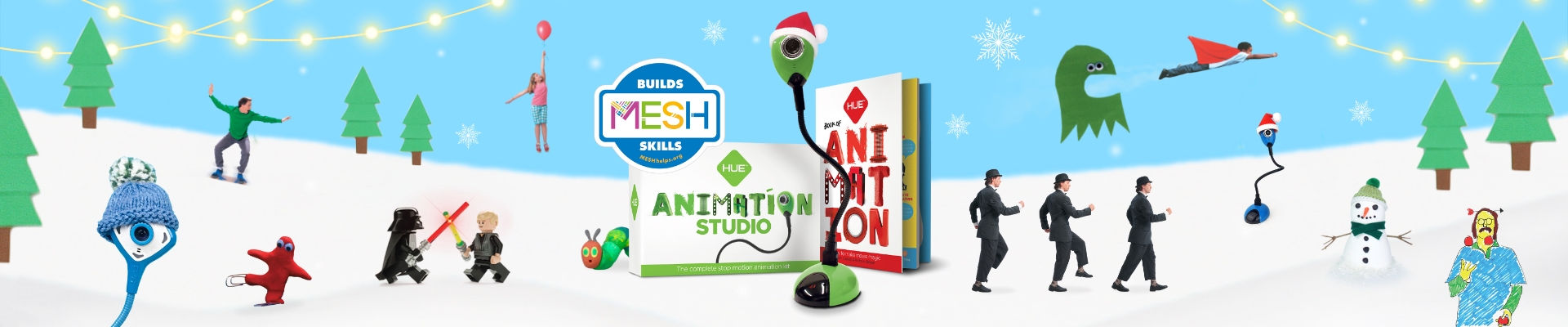 A wintry scene showing HUE Animation Studio in a snowy environment for the holidays