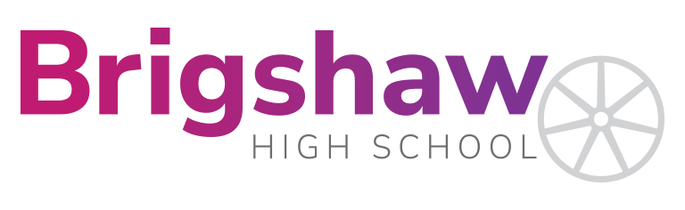 A graphic logo for Brigshaw High School with a grey wheel-like insignia next to the mauve and grey school name