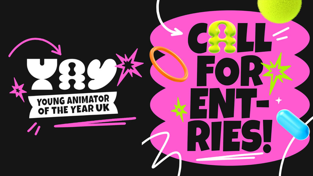 A black rectangle graphic with neon pink, green, white, blue and orange logo elements. It says "YAY: Young Animator of the Year UK" and "Call for entries!"