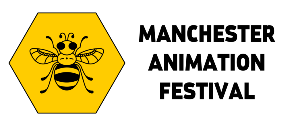 The Manchester Animation Festival logo; a yellow filled hexagon with a black line art bee inside it.